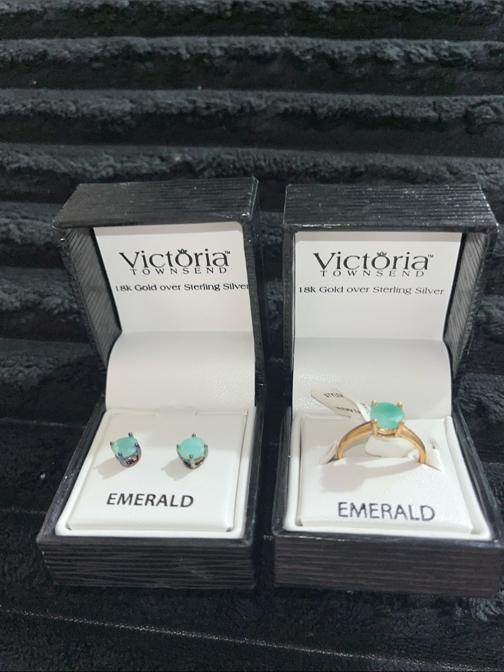 Victoria Townsend Gold Ring and Stud Earrings with Emerald-Tone Stones